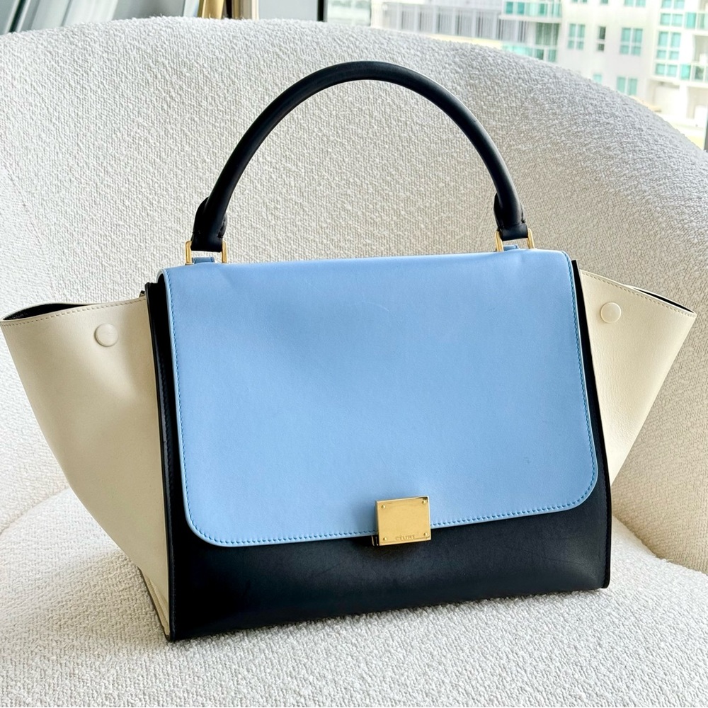 Céline Trapeze Handbag - Tri-Color Leather Light Blue / Black / Cream